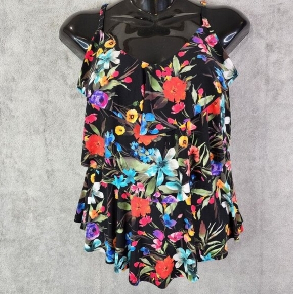 Women's Aqua Green Tiered Tankini Top Multicolor Floral Adjustable Straps - Picture 1 of 5